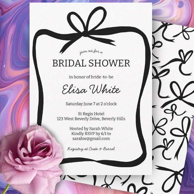 Invitación Personalizado de ducha de novia elegante con marco (Bow Ribbon Frame Elegant Bridal Shower CUSTOM Invitation
Black and White Simple Cute Party Invite )