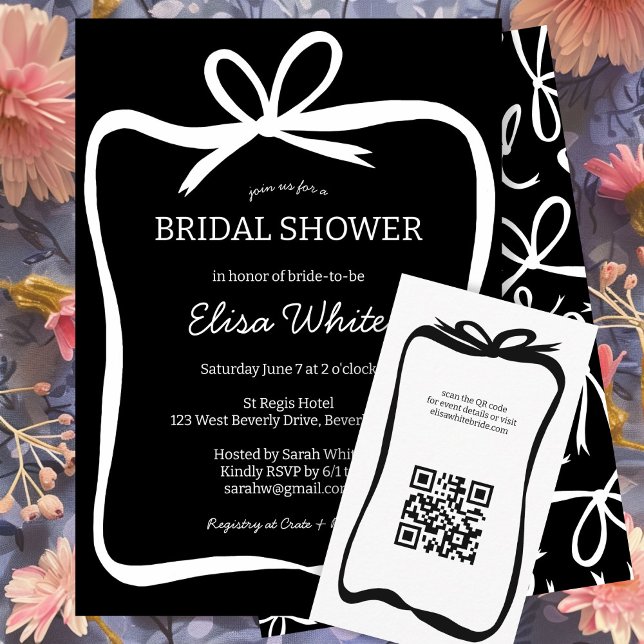 Invitación Personalizado de ducha de novia elegante con marco (Bow Ribbon Frame Elegant Bridal Shower CUSTOM Invitation Black and White Simple Minimalist)