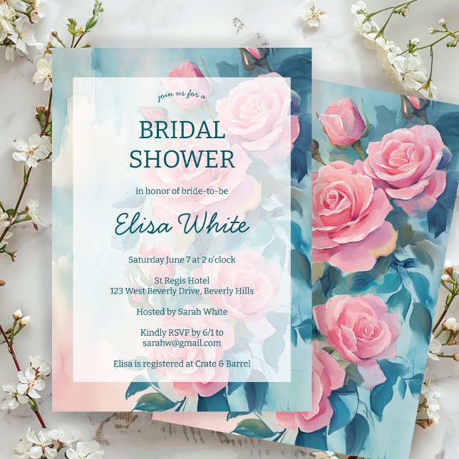 Invitación Personalizado de ducha de novia pintado con rosas  (Pink Roses Painting Bridal Shower CUSTOM Invitation
)
