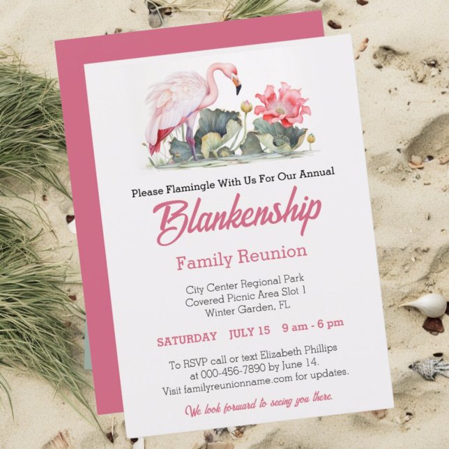 Invitación Personalizado de evento Flamingo Art One Day Reuni (Front tropical family reunion template with pink back)