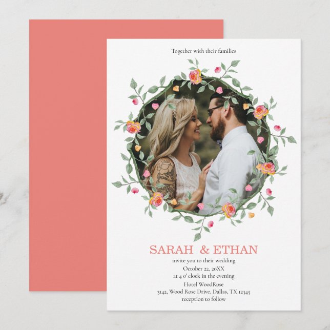 Invitación Personalizado De Flor Rosa Peach Floral Boda Fotog (Anverso / Reverso)