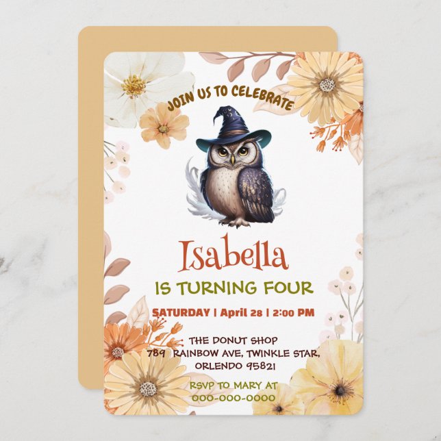 Invitación Personalizado de flores de animales de búho de com (Anverso / Reverso)