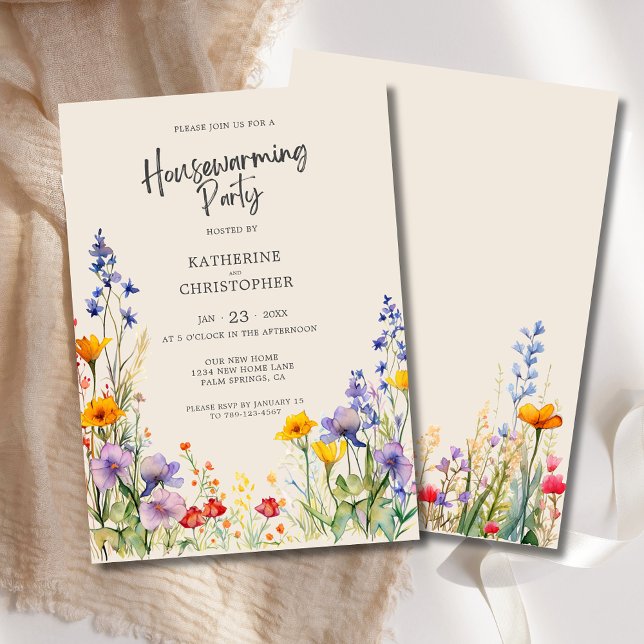 Invitación Personalizado de flores silvestres coloridas Fiest (Colorful Watercolor Wildflowers Housewarming Party Invitation with Couple's Names, Details.)