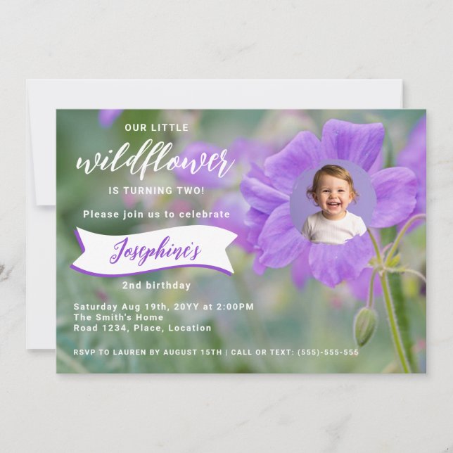 Invitación Personalizado de flores violetas púrpura foto cump (Anverso)