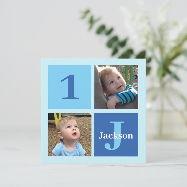 Invitación Personalizado de fotografía infantil Niños azules  (Anverso de pie)