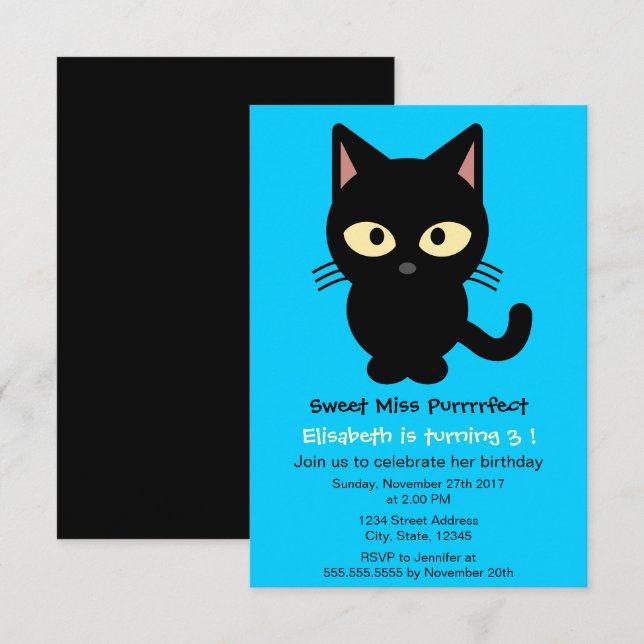 Invitación Personalizado de gato negro lindo chica azul fiest (Anverso / Reverso)