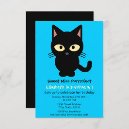 Invitación Personalizado de gato negro lindo chica azul fiest