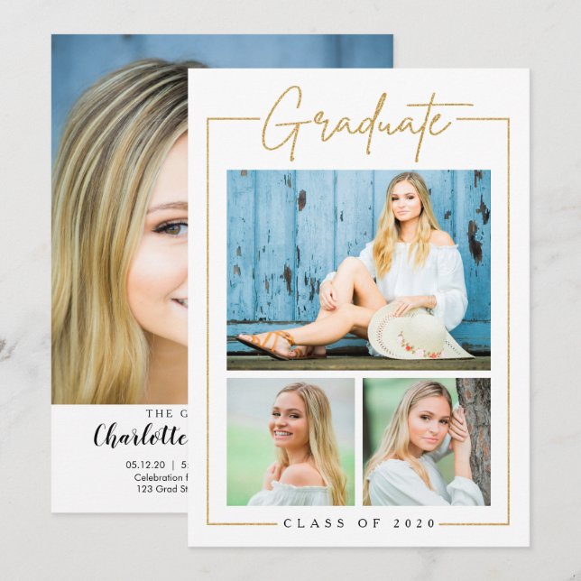 Invitación personalizado de graduación de oro (Anverso / Reverso)