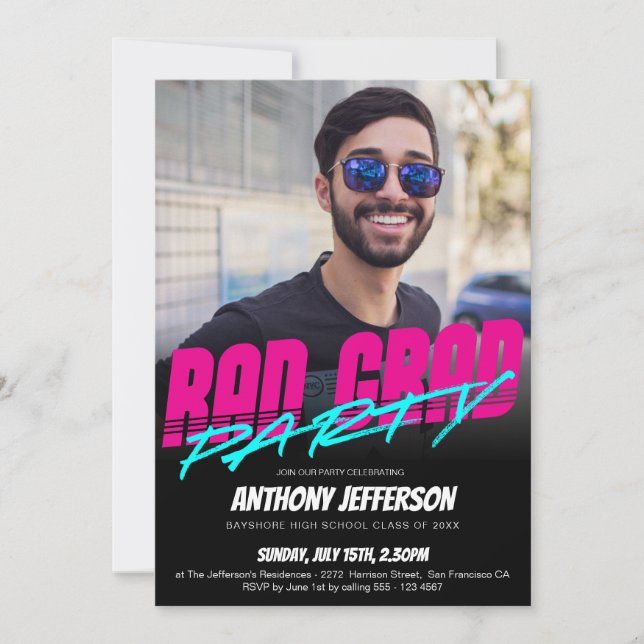 Invitación Personalizado de Graduación Retro 80 Neon Fun Rad (Anverso)
