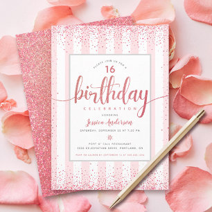 Invitación Personalizado de guión purpurina de oro rosa rosa
