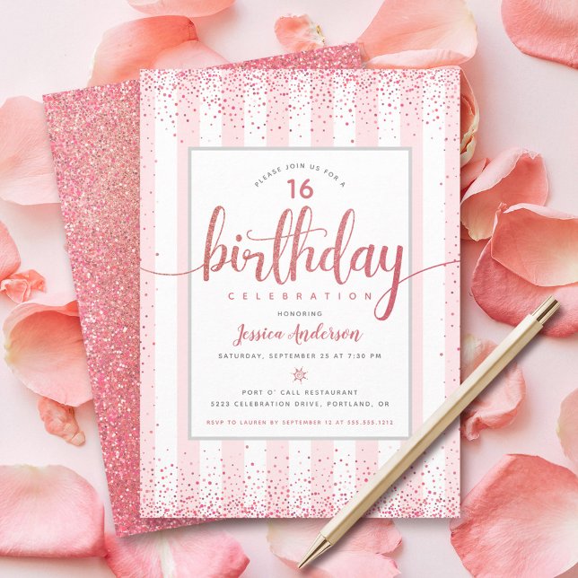 Invitación Personalizado de guión purpurina de oro rosa rosa  (Subido por el creador)