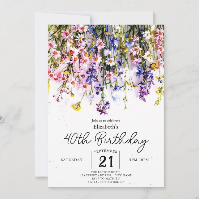 Invitación Personalizado de guiones Wildflowers 40 cumpleaños (Anverso)