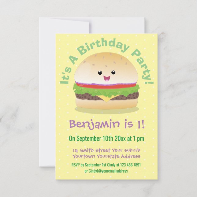 Invitación Personalizado de hamburguesa kawaii feliz (Anverso)