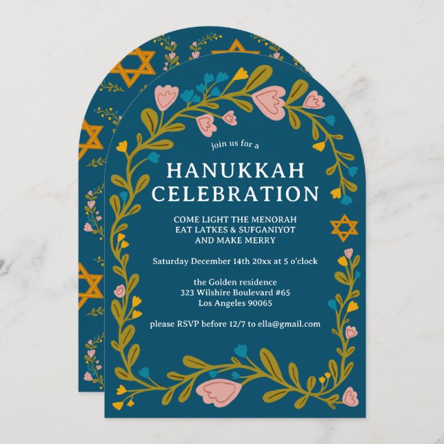 Invitación PERSONALIZADO de HANUKKAH FIESTA Floral Wreath (Anverso / Reverso)