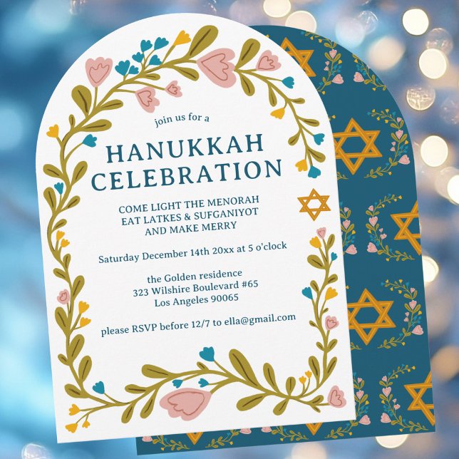 Invitación PERSONALIZADO de HANUKKAH FIESTA Floral Wreath (HANUKKAH PARTY Floral Wreath Hand-drawn Custom Arch Invitation
)
