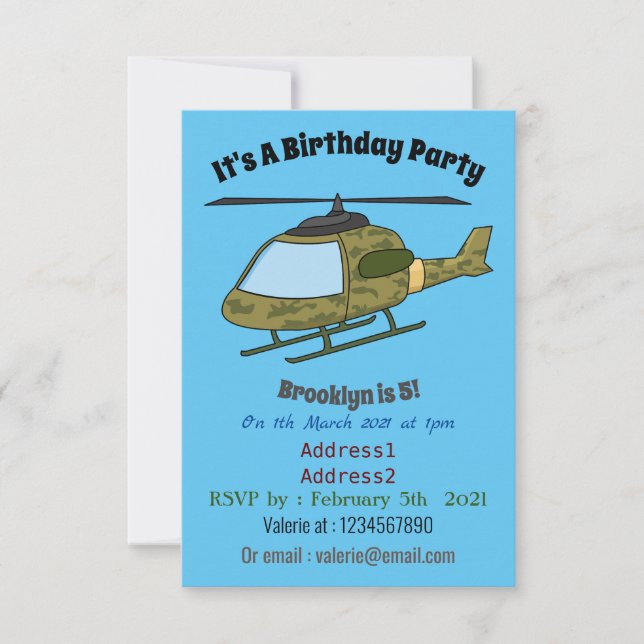 Invitación Personalizado de helicópteros de camoflage del ejé (Anverso)