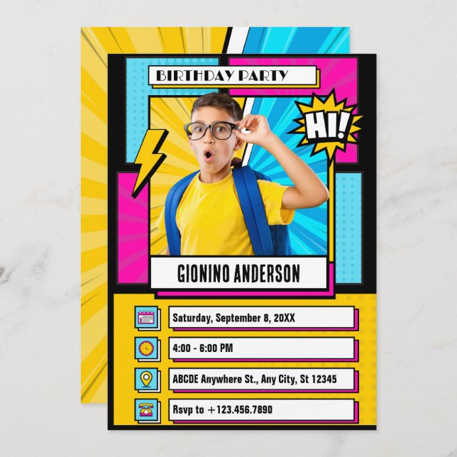 Invitación Personalizado de historietas moderno cumpleaños (Anverso / Reverso)