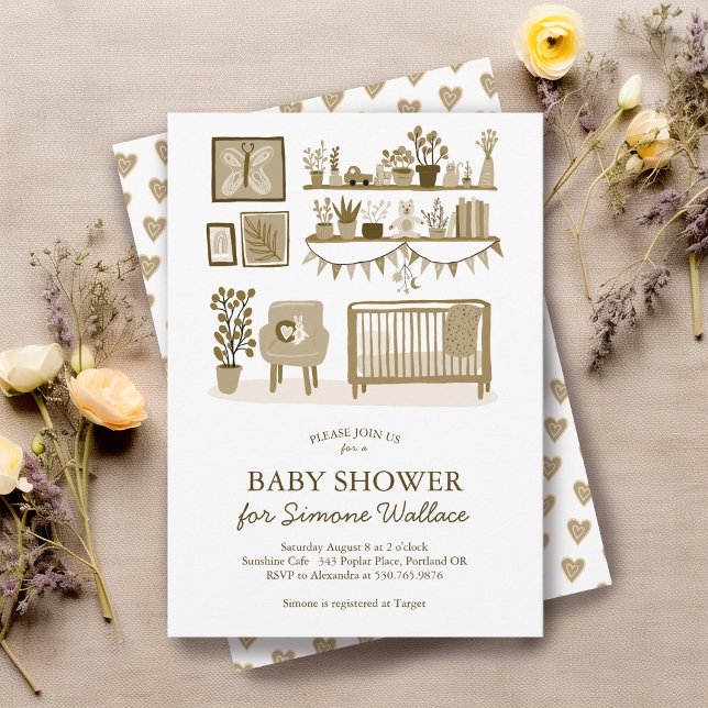 Invitación Personalizado de Ilustracion de enfermería por ond (Cute Nursery Illustration CUSTOM BABY SHOWER Invitation
neutral colors baby crib )