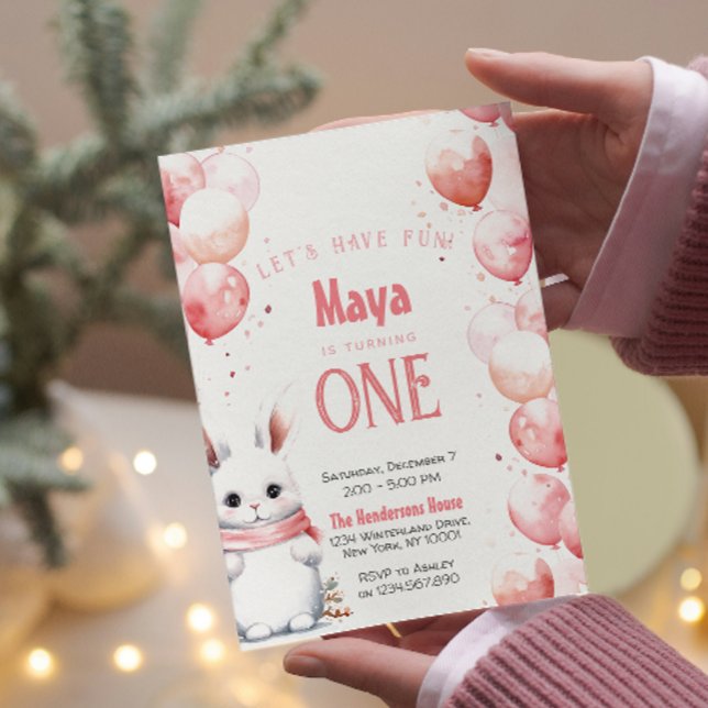 Invitación Personalizado de invierno lindo conejito rosa fies (Subido por el creador)