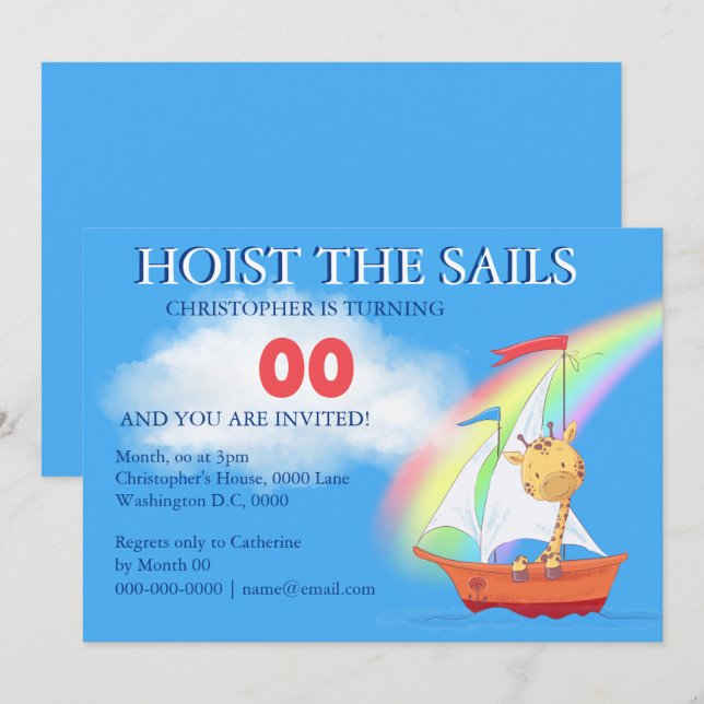 Invitación Personalizado de jirafa de vela fiesta arco iris (Anverso / Reverso)