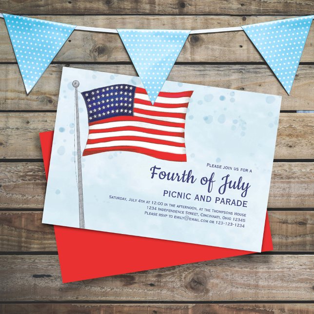 Invitación Personalizado de la bandera roja y azul de julio (Celebrate the Fourth of July in Style with this watercolor custom invitation. )