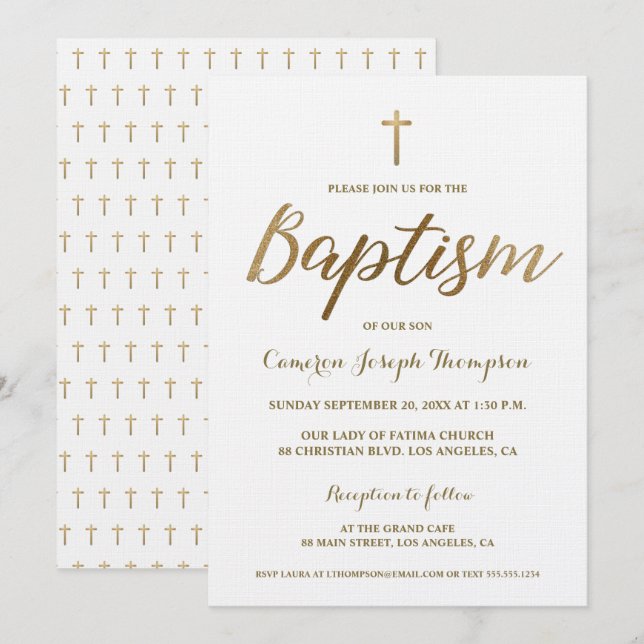 Invitación Personalizado de la Cruz de Oro Blanco Bebé Bautis (Anverso / Reverso)