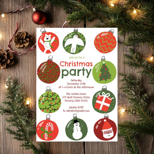 Invitación Personalizado de la fiesta navideña de los adornos (Whimsical Christmas Ornaments Holiday Party Custom Invitation
)