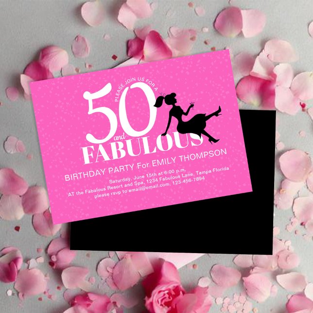 Invitación Personalizado de la Moda del partido de cumpleaños (50th Birthday party hot pink and black invitations. )