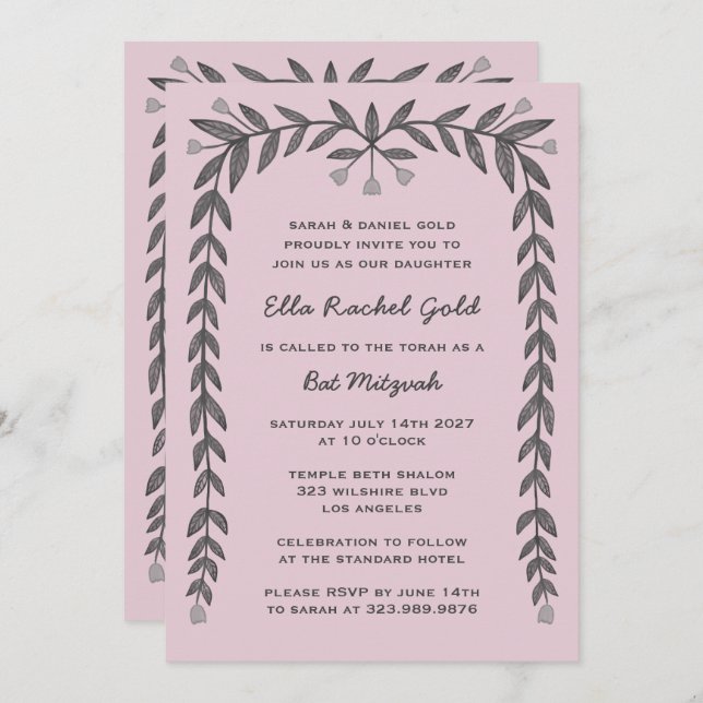 Invitación Personalizado de marco floral Código QR BarBat Mit (Anverso / Reverso)