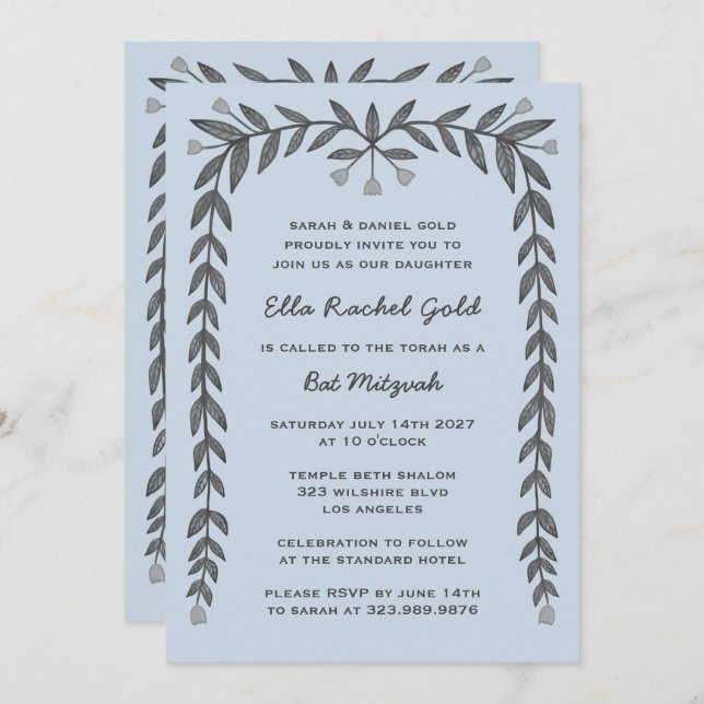 Invitación Personalizado de marco floral Código QR BarBat Mit (Anverso / Reverso)