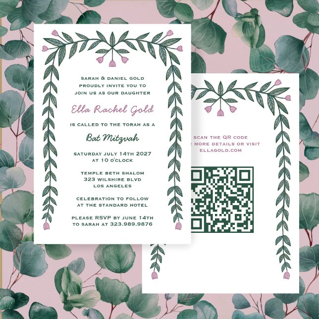 Invitación Personalizado de marco floral Código QR Bat Mitzva (Floral Frame Custom QR Code Bat Mitzvah Girl Invitation
)