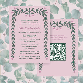 Invitación Personalizado de marco floral Código QR Bat Mitzva