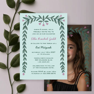 Invitación Personalizado de marco floral Foto Bat Mitzvah Chi