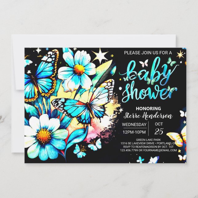 Invitación Personalizado de mariposa azul Baby Shower (Anverso)