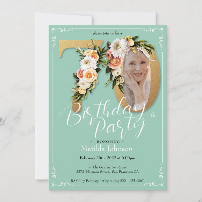 Invitación Personalizado de Mint Gold Foto Floral Boho 70th B (Anverso)
