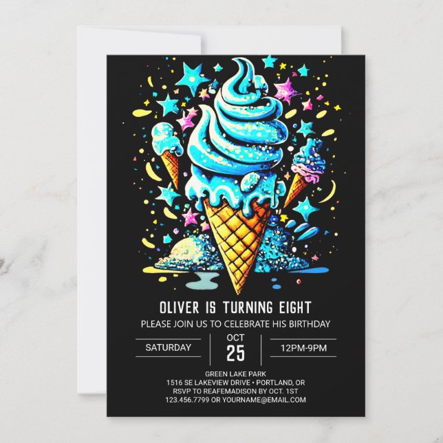 Invitación Personalizado de Moda Azul Niño Crema de Hielo Cum (Anverso)