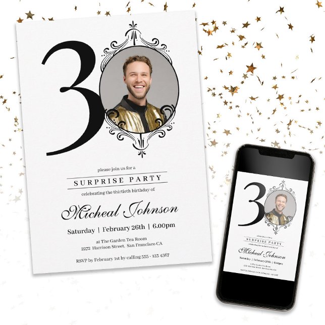 Invitación Personalizado de Moda simple foto sorpresa 30 cump (Simple Chic Custom Photo Surprise 30th Birthday Invitation)
