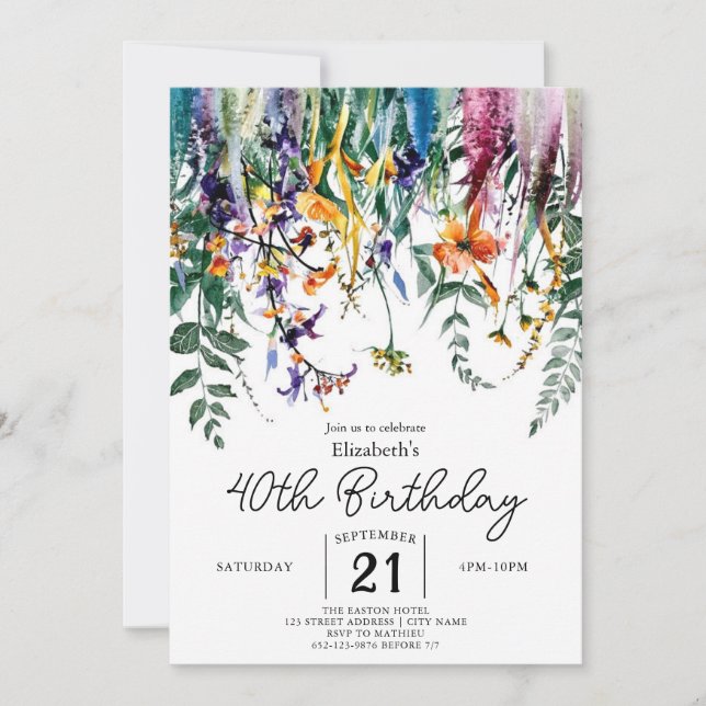 Invitación Personalizado de moda Wildflowers 40 cumpleaños (Anverso)