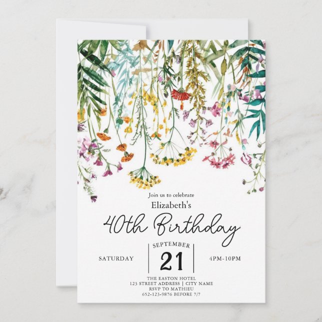 Invitación Personalizado de moda Wildflowers 40 cumpleaños (Anverso)
