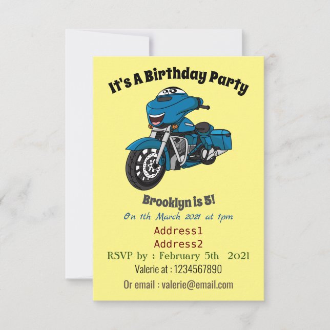 Invitación Personalizado de moto azul feliz (Anverso)