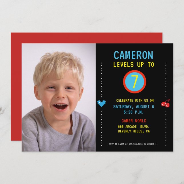 Invitación Personalizado de nivel 7.ª foto del niño del parti (Anverso / Reverso)
