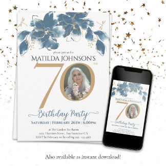 Invitación Personalizado de oro azul foto Floral 70 cumpleaño