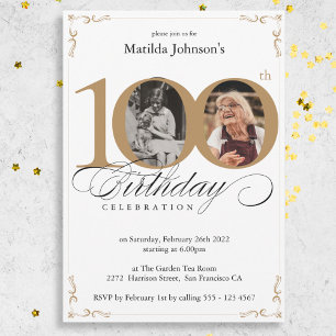 Invitación Personalizado de Oro Blanco Foto 100 cumpleaños