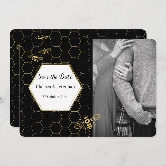 Invitación Personalizado de oro negro Abeja de miel foto salv (Anverso / Reverso)