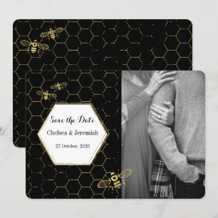 Invitación Personalizado de oro negro Abeja de miel foto salv