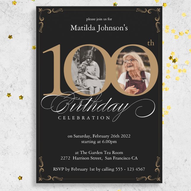 Invitación Personalizado de oro negro foto 100 cumpleaños (Black Gold Custom Photo 100th Birthday Party Invitation)