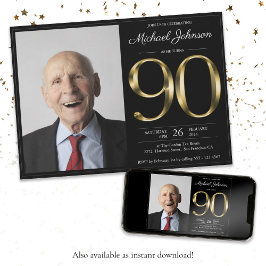 Invitación Personalizado de oro negro foto 90 cumpleaños