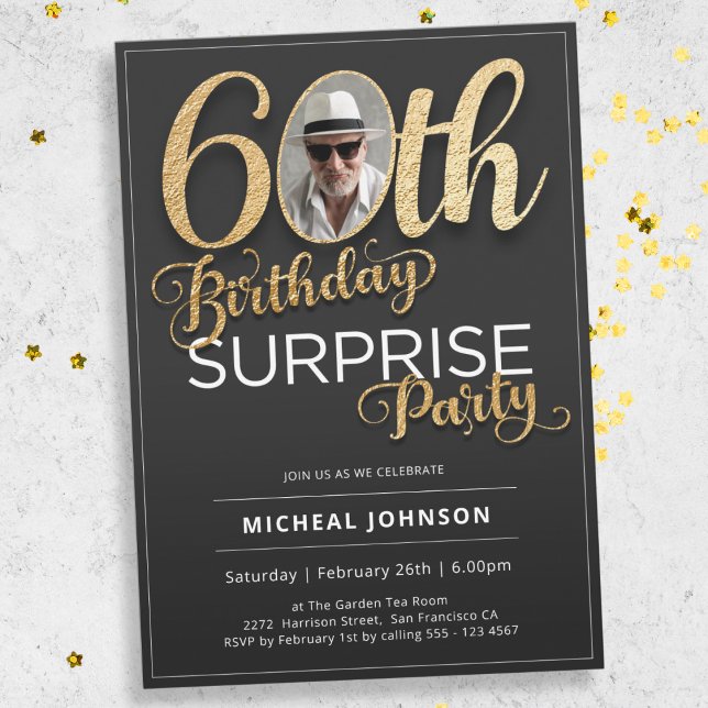 Invitación Personalizado de oro negro foto sorpresa 60 cumple (Mockup View)