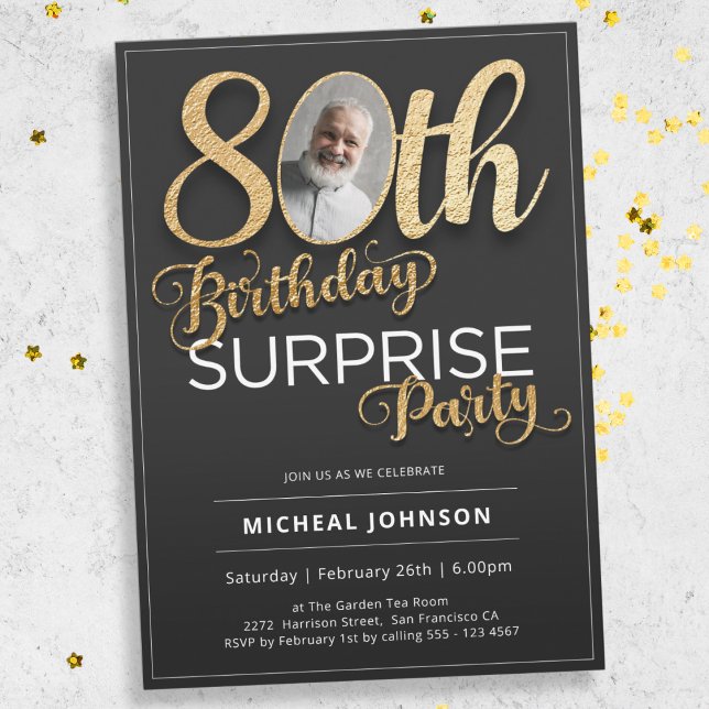 Invitación Personalizado de oro negro foto sorpresa 80 cumple (Mockup View)