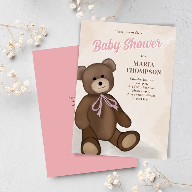 Invitación Personalizado de osito de peluche rosado Baby Show (Cute vintage teddy bear baby shower invitations)